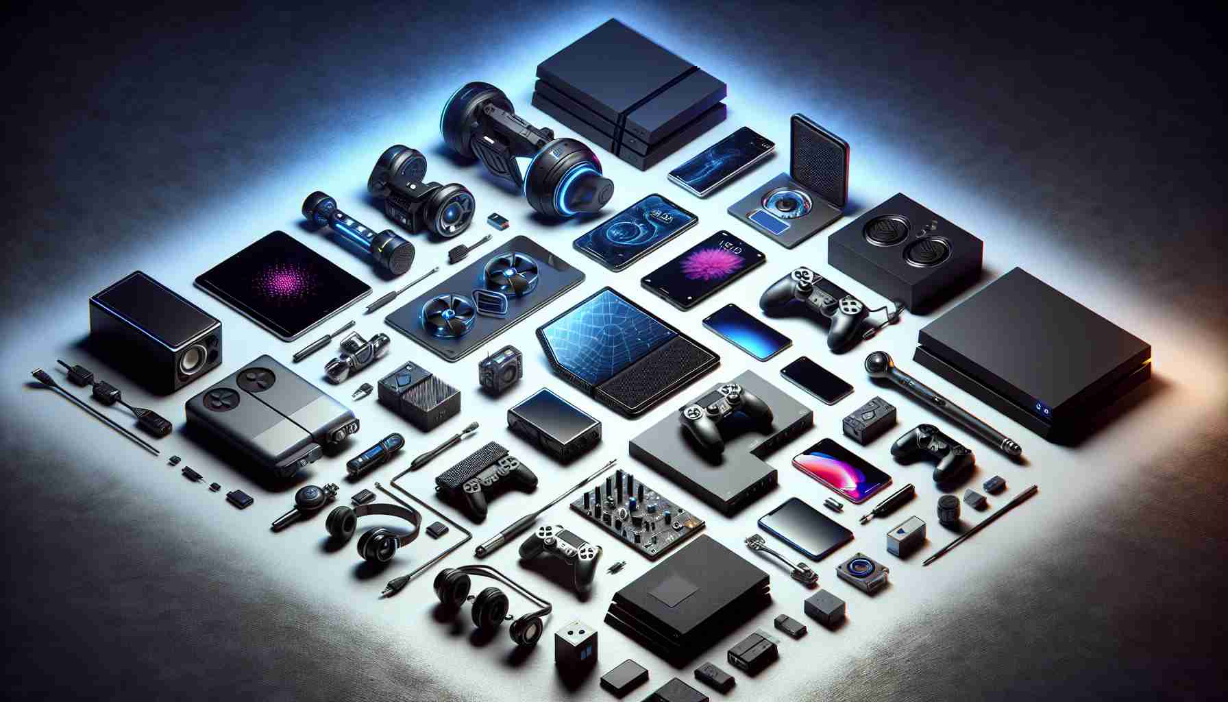 Create a hyper-realistic high-definition image depicting various highly sought-after tech gadgets laid out on a flat surface. The variety could range from sleek smart devices to premium audio equipment, or advanced gaming consoles to cutting-edge computer components. The lighting arrangement should enhance the items' attractiveness, indicating they are exceptional deals. The illustration should produce a sensation of urgency and scarcity, typical of powerful Black Friday sales, without explicitly stating it.