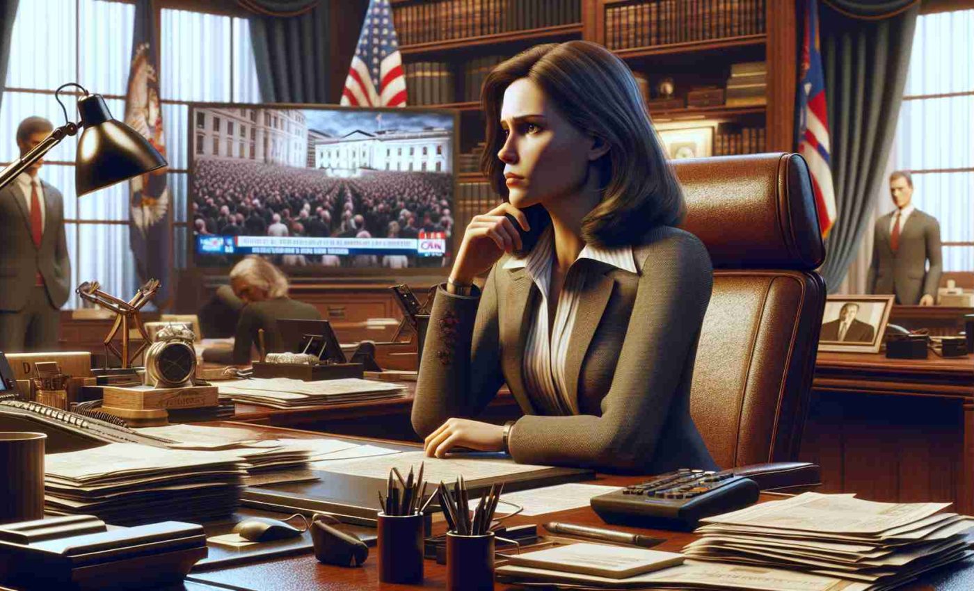 A realistic HD illustration of a dramatic moment in diplomacy: a stoic woman leader's response to a controversial election win by an unpredictable male counterpart. The woman is in her workstation, surrounded by office paraphernalia, looking at a television screen, her face set in a mixture of determination and apprehension.