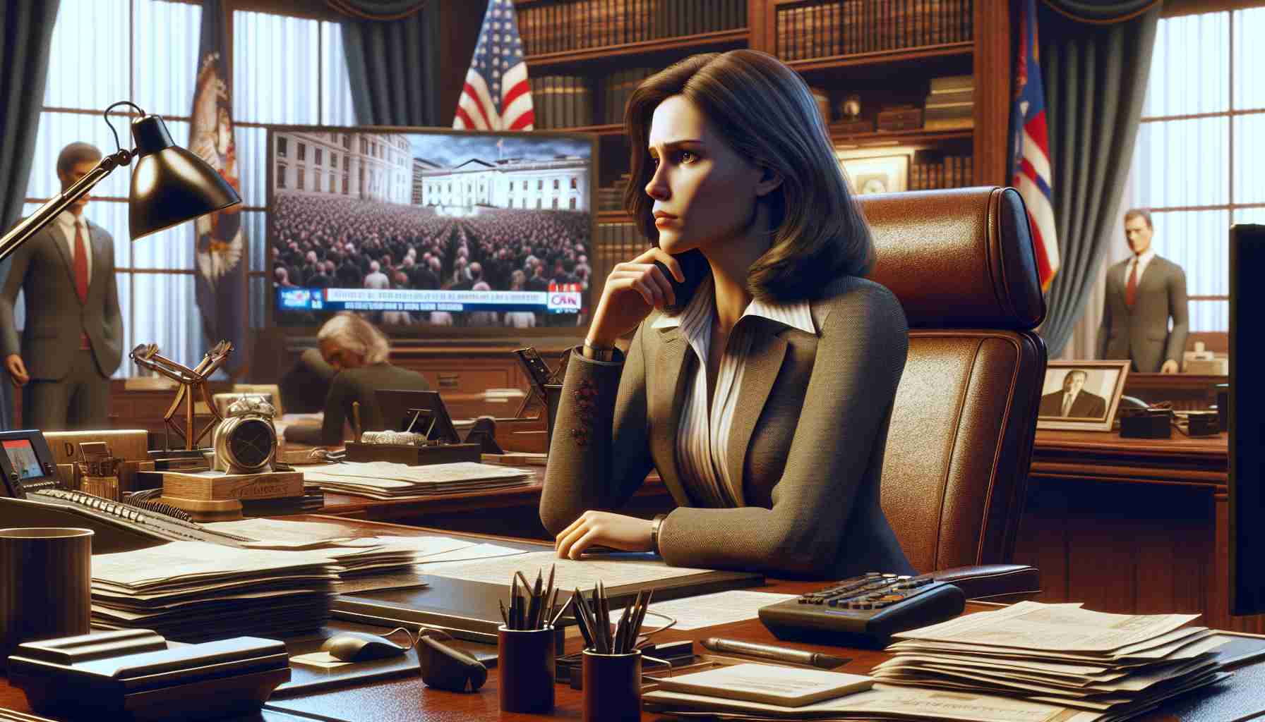 A realistic HD illustration of a dramatic moment in diplomacy: a stoic woman leader's response to a controversial election win by an unpredictable male counterpart. The woman is in her workstation, surrounded by office paraphernalia, looking at a television screen, her face set in a mixture of determination and apprehension.