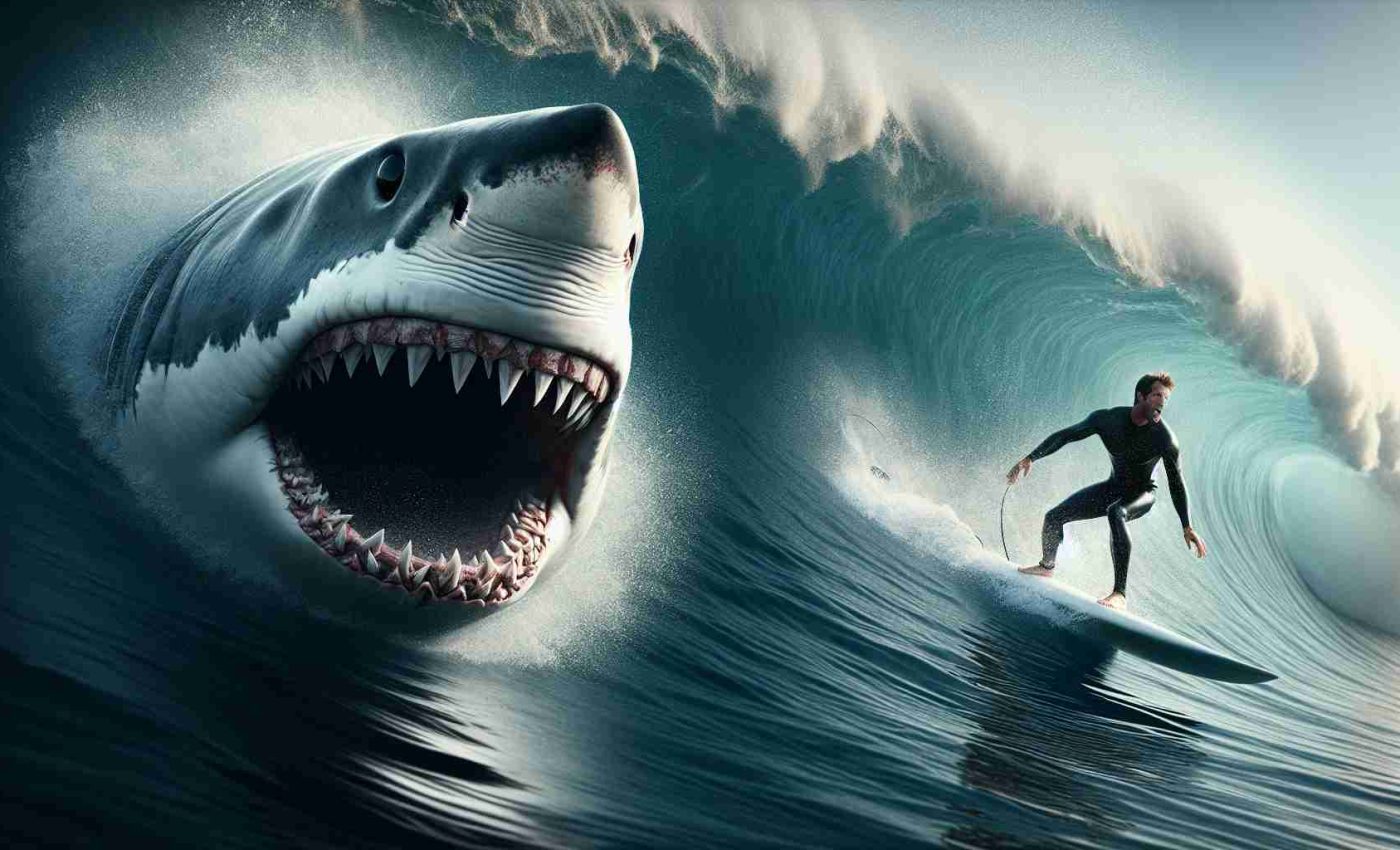 A high-definition depiction capturing the intense encounter of a daring surfer with a giant Great White Shark. In the vast ocean, the surfer is Caucasian and male, expertly riding the wave on his surfboard. Suddenly, the ferocious Great White Shark emerges from the depths, its enormous size dwarfing that of the surfer. The shark's powerful jaws are wide open, revealing rows of sharp teeth, and it has its pitch-black eye keenly set on the surfer. Despite the peril, the surfer's face portrays a blend of terror, respect, and unexpected thrill.