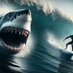 A high-definition depiction capturing the intense encounter of a daring surfer with a giant Great White Shark. In the vast ocean, the surfer is Caucasian and male, expertly riding the wave on his surfboard. Suddenly, the ferocious Great White Shark emerges from the depths, its enormous size dwarfing that of the surfer. The shark's powerful jaws are wide open, revealing rows of sharp teeth, and it has its pitch-black eye keenly set on the surfer. Despite the peril, the surfer's face portrays a blend of terror, respect, and unexpected thrill.