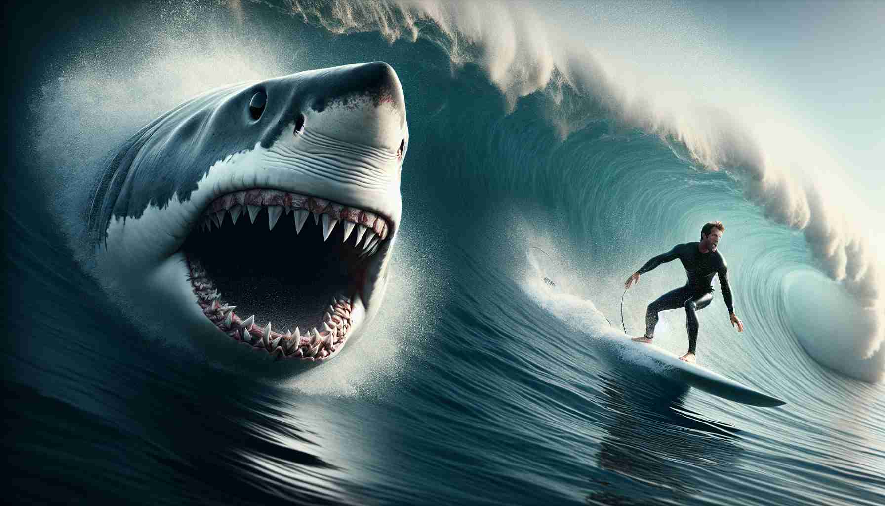 A high-definition depiction capturing the intense encounter of a daring surfer with a giant Great White Shark. In the vast ocean, the surfer is Caucasian and male, expertly riding the wave on his surfboard. Suddenly, the ferocious Great White Shark emerges from the depths, its enormous size dwarfing that of the surfer. The shark's powerful jaws are wide open, revealing rows of sharp teeth, and it has its pitch-black eye keenly set on the surfer. Despite the peril, the surfer's face portrays a blend of terror, respect, and unexpected thrill.