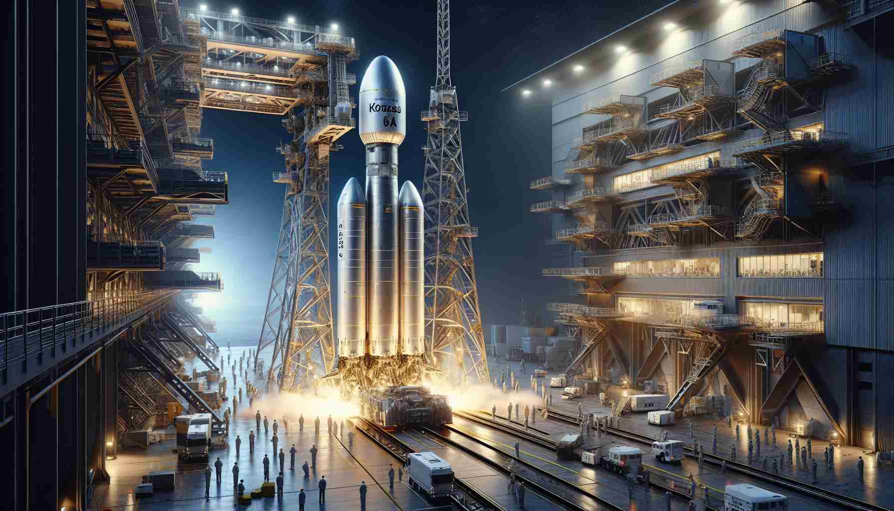 A high-definition, realistic image of a private space exploration company ready to launch an groundbreaking satellite, labeled Koreasat-6A. The scene is tense with anticipation; technical personnel are buzzing around the gigantic metallic rocket that is perched on the launch pad, surrounded by scaffolding and machinery. In the background, glimpses of the control center can be seen, illuminated by the evening twilight, ready for this significant moment in modern aerospace history.