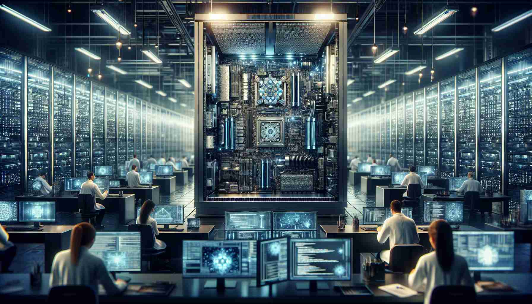 Depict a highly detailed, realistic photo of the future of computing using super micro computers. Picture a sleek, sophisticated laboratory environment filled with advanced technology. On the forefront, there is a microcomputer with intricate components visible. Behind, there are scientists of diverse descents and genders, deeply engrossed in their work and conducting various tasks. Intelligent screens on the walls display complex algorithms, codes and futuristic graphics. Subtle lights emanate from the equipment and machines, highlighting the advanced nature of the work environment. The image should encapsulate the sheer potential these super micro computers hold for the future.