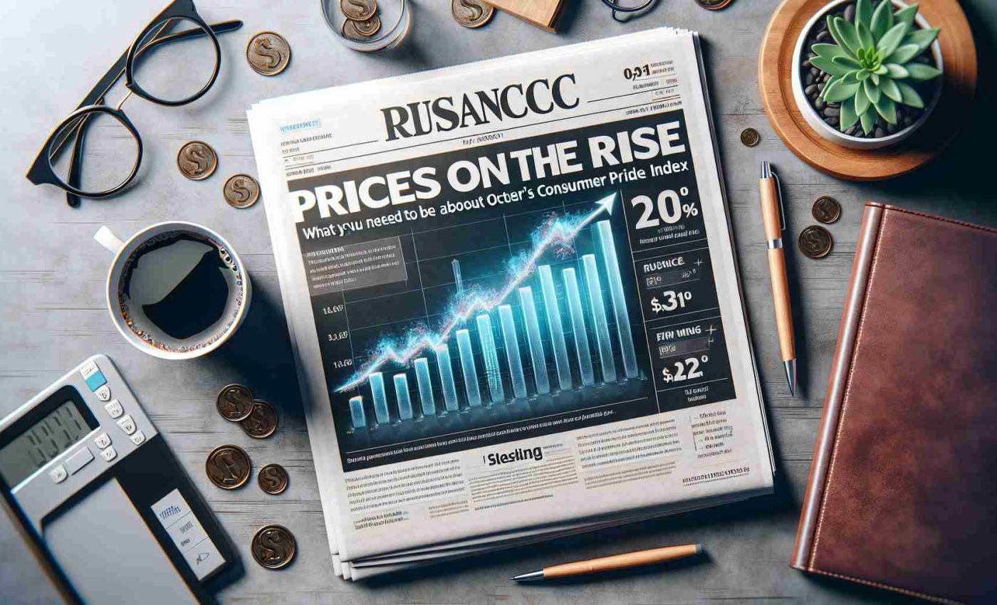 High-quality realistic image of a financial newspaper header reading 'Prices on the Rise: What You Need to Know About October's Consumer Price Index', accompanied by informative graphics and charts displaying the rising trend in consumer prices and key insights. Surround it with typical morning elements such as a cup of coffee, glasses and a pen.