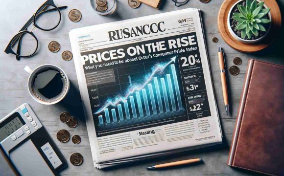 High-quality realistic image of a financial newspaper header reading 'Prices on the Rise: What You Need to Know About October's Consumer Price Index', accompanied by informative graphics and charts displaying the rising trend in consumer prices and key insights. Surround it with typical morning elements such as a cup of coffee, glasses and a pen.