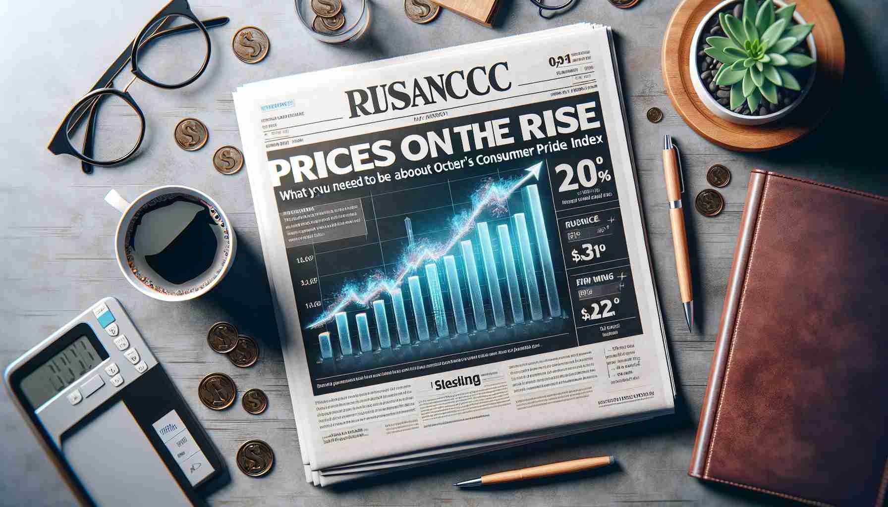 High-quality realistic image of a financial newspaper header reading 'Prices on the Rise: What You Need to Know About October's Consumer Price Index', accompanied by informative graphics and charts displaying the rising trend in consumer prices and key insights. Surround it with typical morning elements such as a cup of coffee, glasses and a pen.