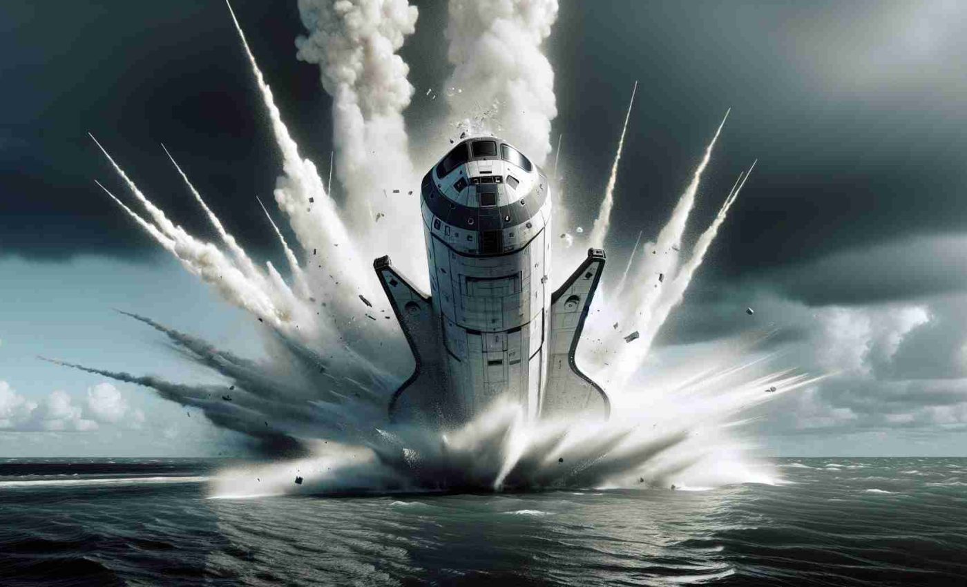 A high-definition, realistic depiction of a dramatic unscheduled splashdown event involving a spaceship. The craft, sleek and futuristic in design, similar to some space exploration company's vessels, is seen plunging into a large body of water. The impact generates a massive splash, with streams of water shooting upwards. The sky above is filled with tension as billows of smoke and steam rise from the incident, giving a dramatic and intense atmosphere to the event.