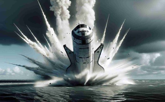 A high-definition, realistic depiction of a dramatic unscheduled splashdown event involving a spaceship. The craft, sleek and futuristic in design, similar to some space exploration company's vessels, is seen plunging into a large body of water. The impact generates a massive splash, with streams of water shooting upwards. The sky above is filled with tension as billows of smoke and steam rise from the incident, giving a dramatic and intense atmosphere to the event.