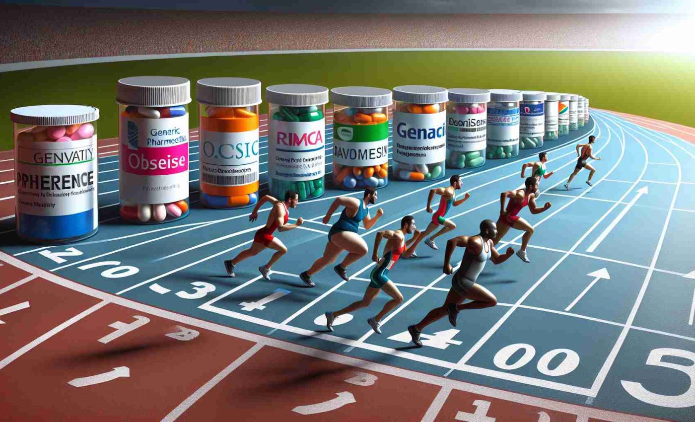 Create a realistic high definition image representing the race in the pharmaceutical industry to develop effective obesity drugs. It should depict a metaphorical race track with various generic pharmaceutical companies represented as runners. Some runners should be positioned as if they are ahead in the race, while others are lagging behind, indicating difference in their success rates.