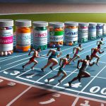 Create a realistic high definition image representing the race in the pharmaceutical industry to develop effective obesity drugs. It should depict a metaphorical race track with various generic pharmaceutical companies represented as runners. Some runners should be positioned as if they are ahead in the race, while others are lagging behind, indicating difference in their success rates.