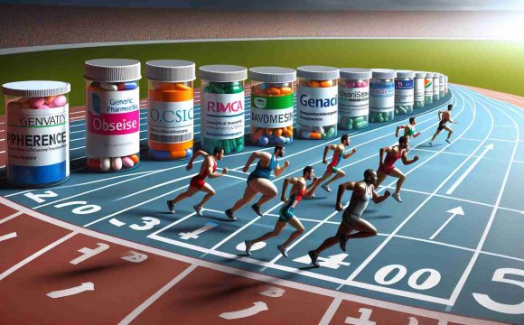 Create a realistic high definition image representing the race in the pharmaceutical industry to develop effective obesity drugs. It should depict a metaphorical race track with various generic pharmaceutical companies represented as runners. Some runners should be positioned as if they are ahead in the race, while others are lagging behind, indicating difference in their success rates.