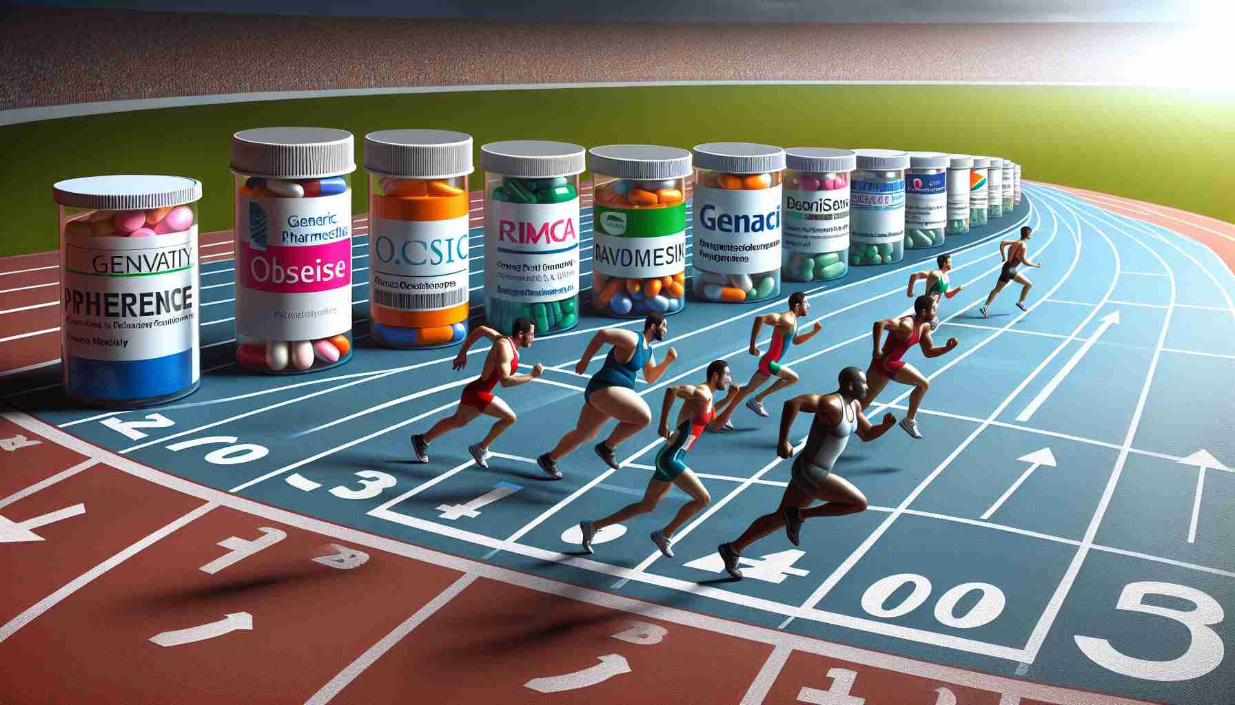 Create a realistic high definition image representing the race in the pharmaceutical industry to develop effective obesity drugs. It should depict a metaphorical race track with various generic pharmaceutical companies represented as runners. Some runners should be positioned as if they are ahead in the race, while others are lagging behind, indicating difference in their success rates.