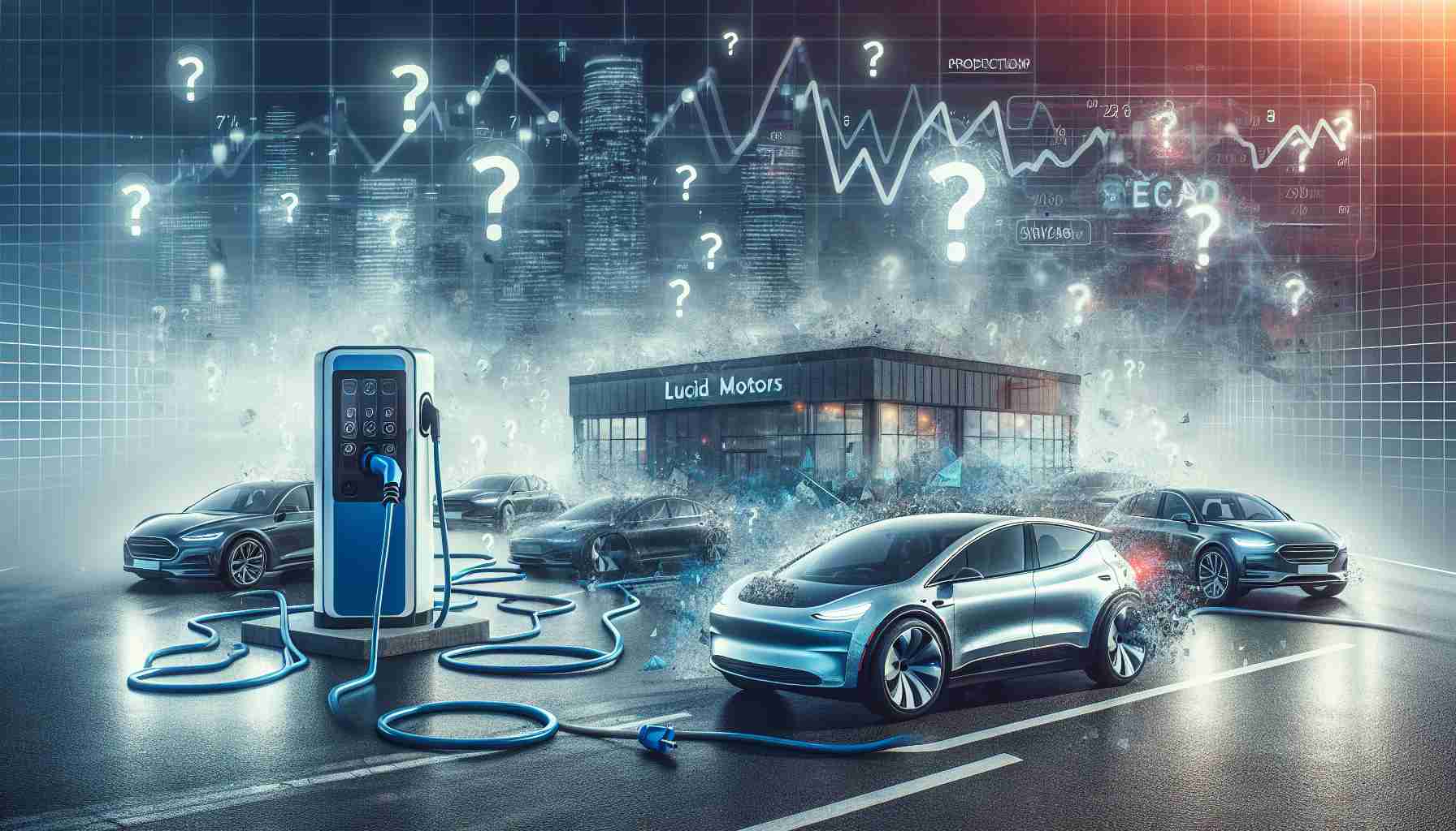 Realistic HD photo reflecting the concept ''Is Lucid Motors the Next Big EV Investment or Just Another Disappointment?''. The image should visually represent the uncertainties and prospects in the electric vehicle industry, without specifically referring to Lucid Motors but through symbols and metaphors. It can include images of electric cars, charging stations, and potentially market graphs, with a questioning overlay suggesting the ambiguity and risks involved in investing.