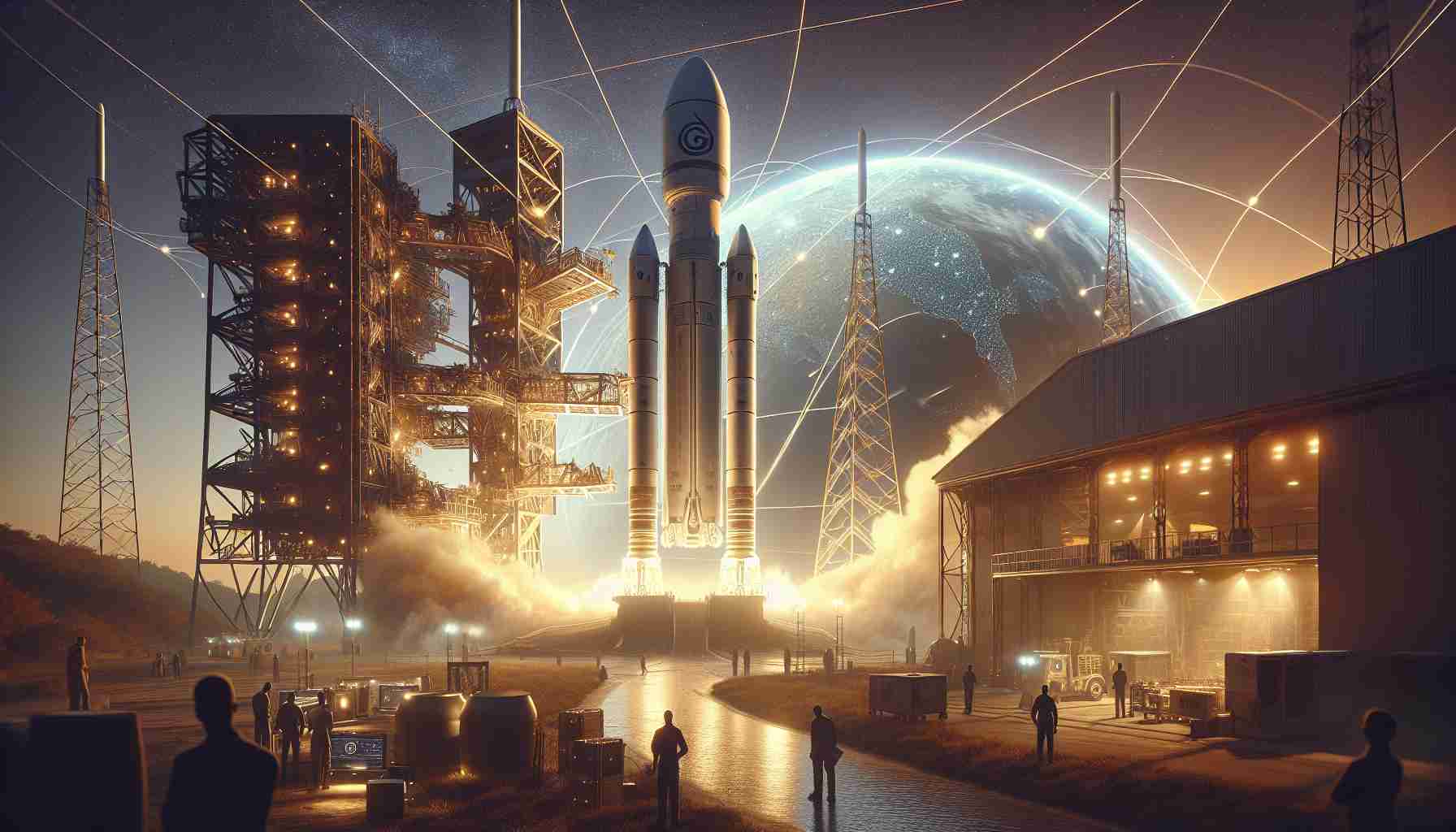 A high-definition, realistic image portraying a leading private space exploration company about to boost internet connectivity capabilities through the launch of a cutting-edge satellite. The setting is a launch site with the massive rocket on the launch pad, gearing up to ascend into the sky. The ambiance and anticipation of the imminent launch are palpable, with support crew members present, and the nearby operations center buzzing with activity.