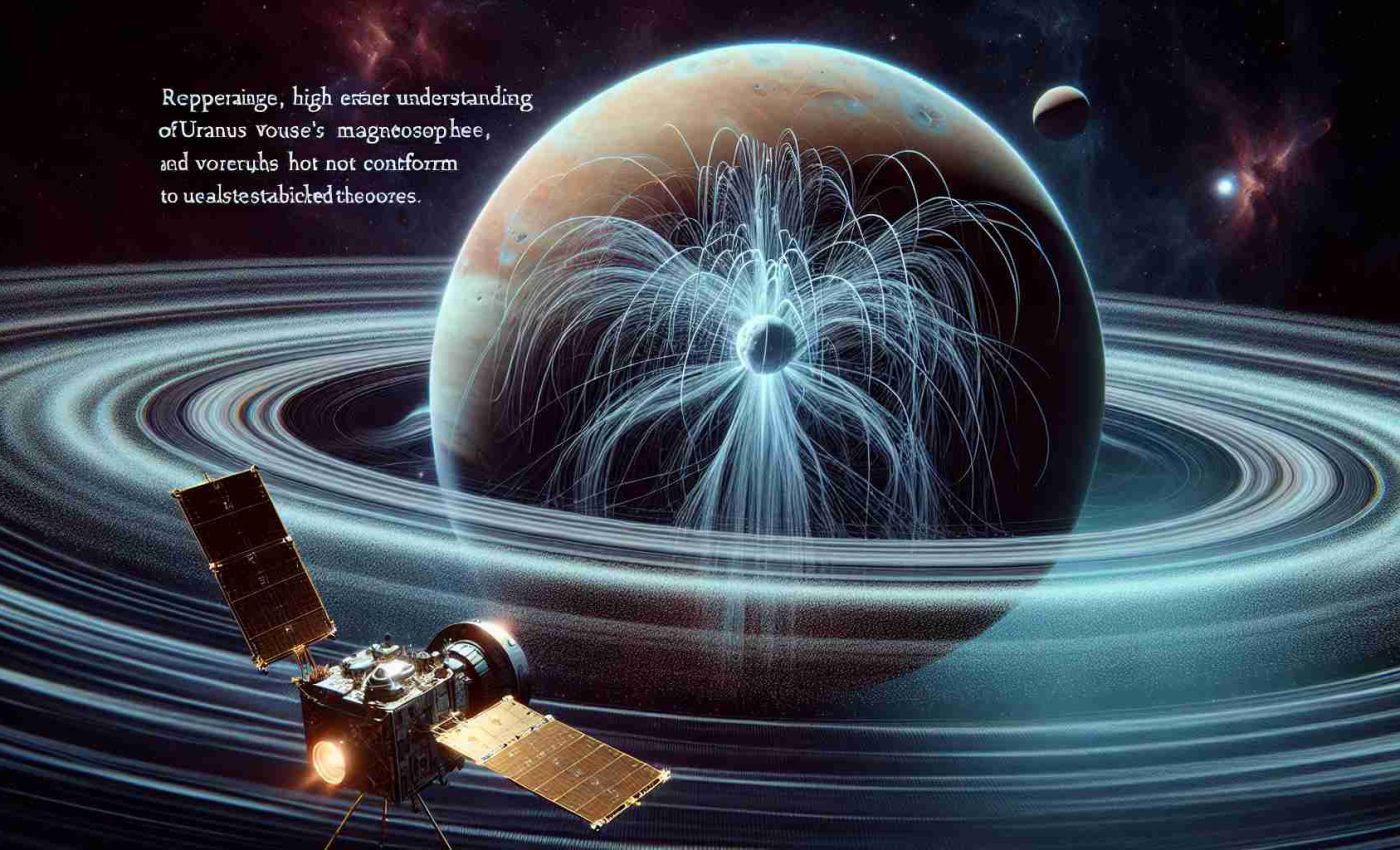 A realistic, high-definition image depicting the Voyager 2 spacecraft near Uranus. Voyager 2 is capturing images of Uranus's magnetosphere which appears differently than previously understood. The magnetosphere has a dynamic, complex structure, and may not conform to established theories. Capture the contrast between the previous understanding and the newly discovered reality.