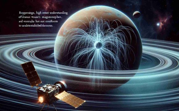 A realistic, high-definition image depicting the Voyager 2 spacecraft near Uranus. Voyager 2 is capturing images of Uranus's magnetosphere which appears differently than previously understood. The magnetosphere has a dynamic, complex structure, and may not conform to established theories. Capture the contrast between the previous understanding and the newly discovered reality.