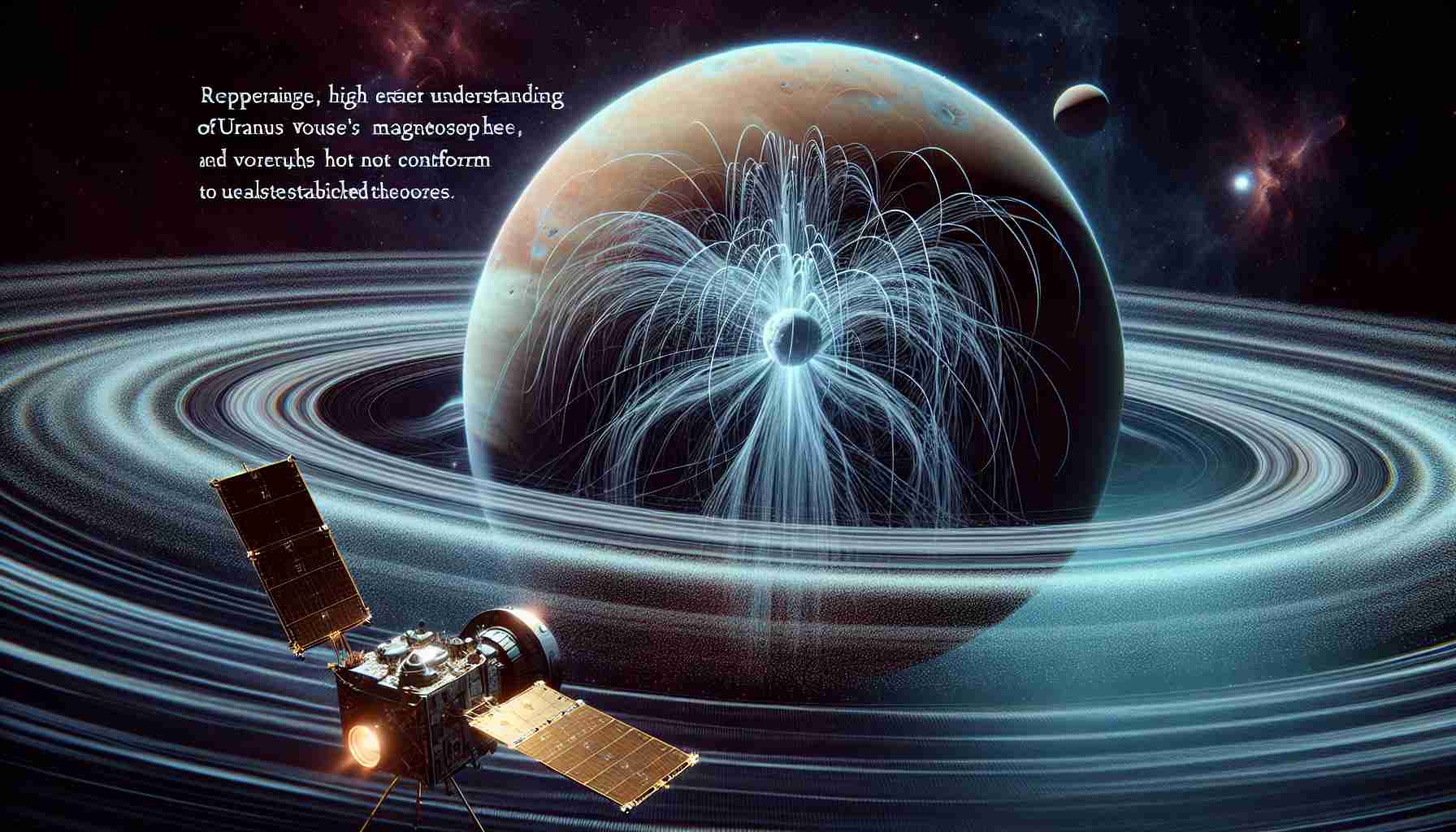 A realistic, high-definition image depicting the Voyager 2 spacecraft near Uranus. Voyager 2 is capturing images of Uranus's magnetosphere which appears differently than previously understood. The magnetosphere has a dynamic, complex structure, and may not conform to established theories. Capture the contrast between the previous understanding and the newly discovered reality.