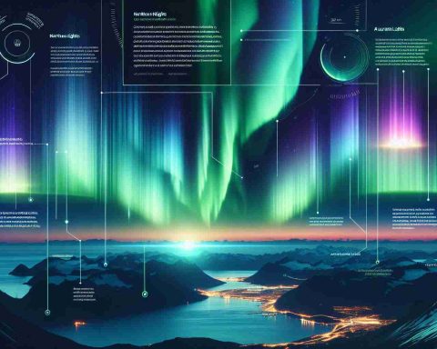 Generate a realistic high-definition image depicting the phenomenon of Northern Lights or Aurora Borealis. This should include the dramatic visuals of solar storms causing vibrant streaks of green, blue, and purple lighting across the night sky. Also incorporate an informational overlay, similar to an infographic, providing key details about the Northern Lights such as their scientific cause, peak viewing times, and geographical areas where they are most commonly viewed.