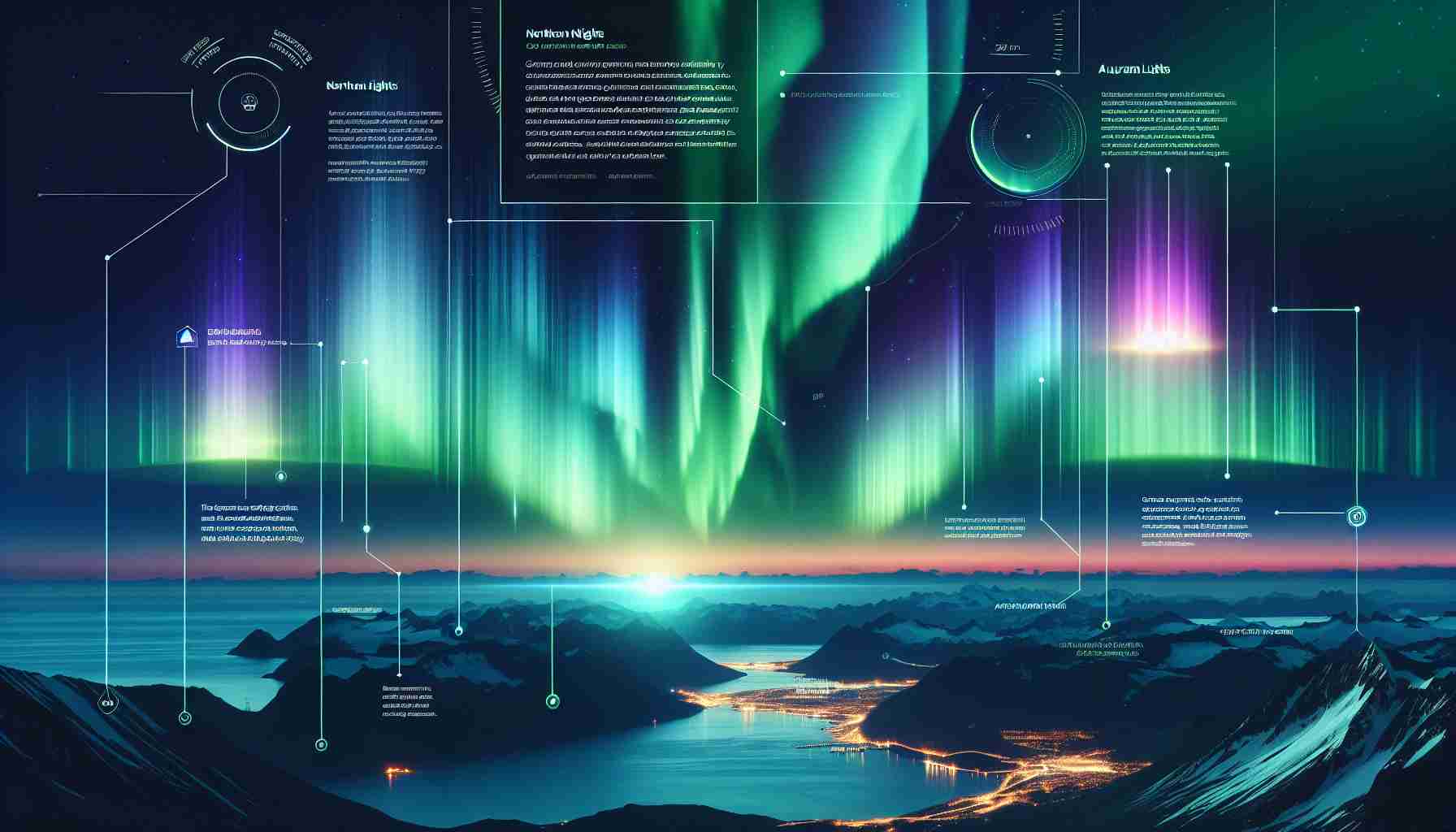 Generate a realistic high-definition image depicting the phenomenon of Northern Lights or Aurora Borealis. This should include the dramatic visuals of solar storms causing vibrant streaks of green, blue, and purple lighting across the night sky. Also incorporate an informational overlay, similar to an infographic, providing key details about the Northern Lights such as their scientific cause, peak viewing times, and geographical areas where they are most commonly viewed.