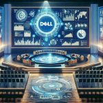 An artistic graphical depiction of a high-definition scene featuring a Dell Technologies earnings reveal setup. The image includes the company's logo prominently displayed, surrounded by analytical charts, statistics graphs, and monitors showcasing dynamic digital data. A stage is set with an elegant, modern design, and a giving sense of important business event about to take place, all under the brilliant lighting. The atmosphere is filled with anticipation and excitement over the upcoming significant financial reveal.