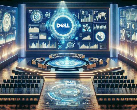 An artistic graphical depiction of a high-definition scene featuring a Dell Technologies earnings reveal setup. The image includes the company's logo prominently displayed, surrounded by analytical charts, statistics graphs, and monitors showcasing dynamic digital data. A stage is set with an elegant, modern design, and a giving sense of important business event about to take place, all under the brilliant lighting. The atmosphere is filled with anticipation and excitement over the upcoming significant financial reveal.