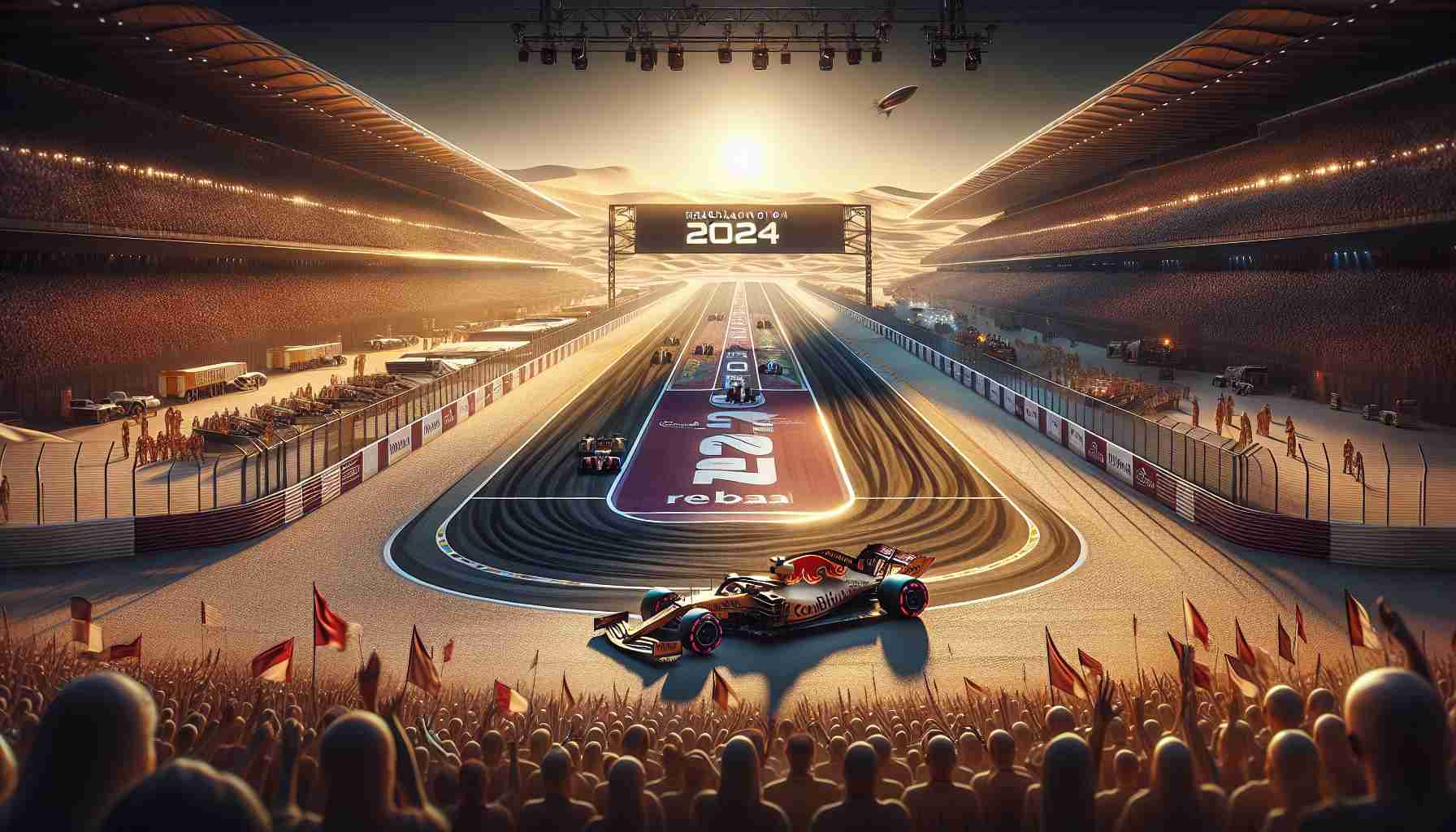 A realistic high-definition image of an upcoming momentous racing event set to occur in 2024. The scene is in Qatar, and is filled with excitement and anticipation. This is the Grand Prix, one of the most thrilling races in the world. Expect to see the racetracks that has been painstakingly prepared for this event, the powerful racing cars, and a sea of spectators, from all around the world, waiting painstakingly under the desert sun for the race to begin.