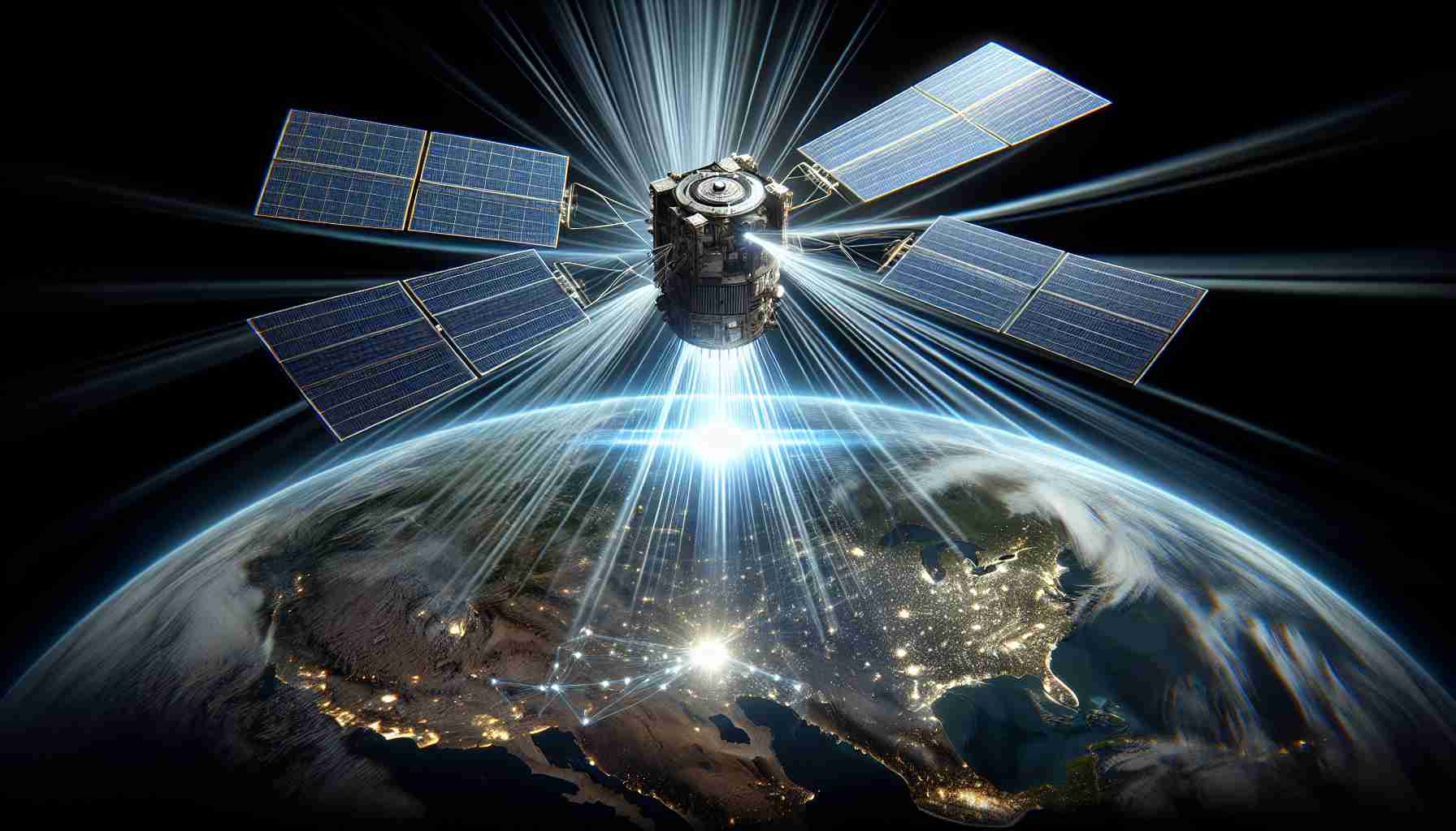 A realistic high-definition graphic representation of a revolutionary satellite system in outer space, visually capturing its role in transforming communication in remote areas of the Earth. The satellite is exuding beams of light, signifying its function. The Earth is shown underneath, with visible geographical features. Isolated, remote regions on the Earth are shown prominently, emphasizing their connection to the satellite system above. Also, noticable is the advancement in technology compared to the previous ones, perhaps with more sleek design and advanced panels.