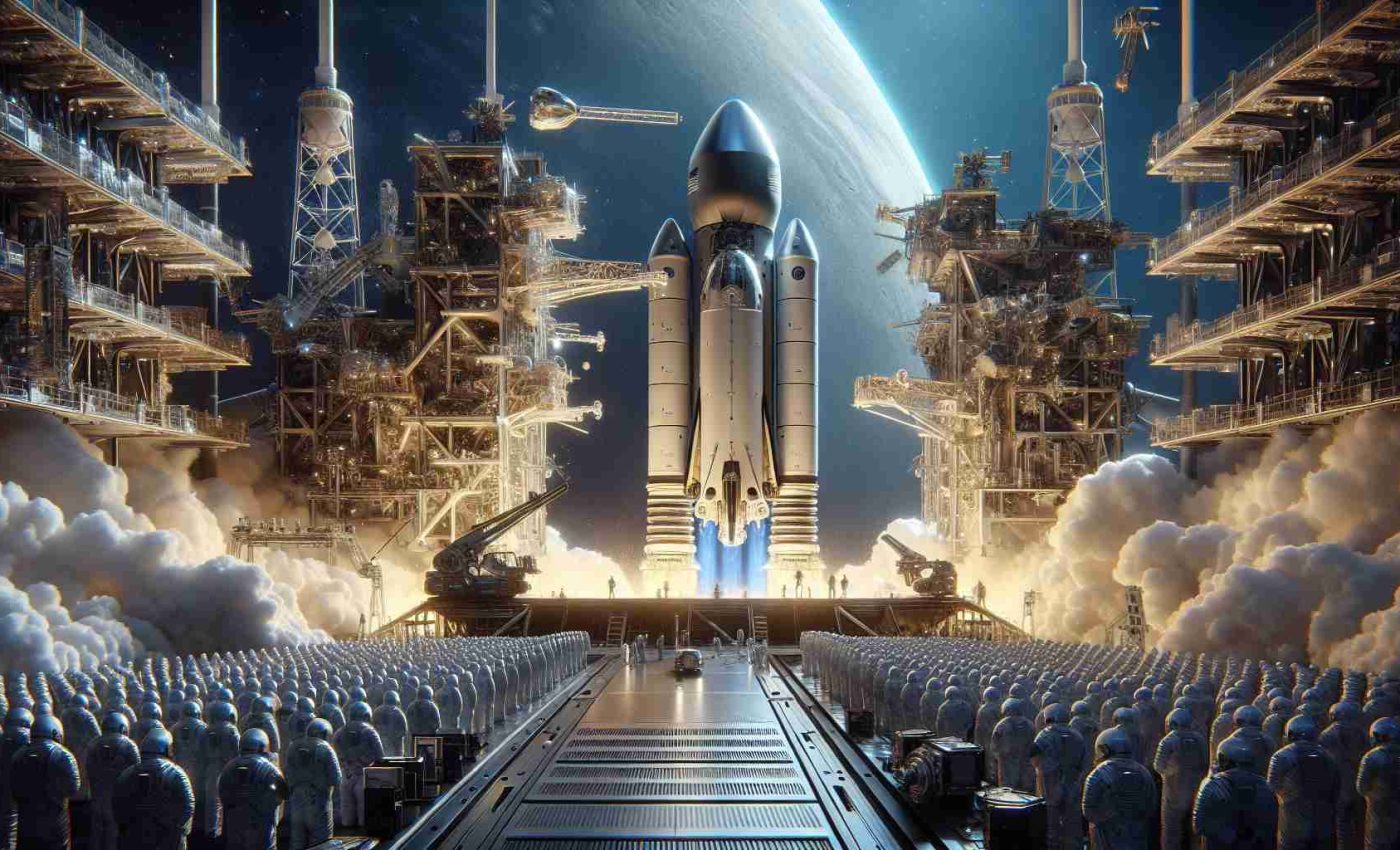 A highly detailed, lifelike image showcasing a landmark achievement in space exploration by a prominent private space corporation. The focus of the image is a cutting-edge spacecraft preparing to embark on a monumental mission. The scene captures the launch-pad bustling with activity, with human engineers and robotic machinery performing critical final checks. The sky above is a brilliant sapphire, signaling the start of a new era in space innovation. The spacecraft itself has sleek contours and is reflective, symbolizing the technological prowess of human advancement.