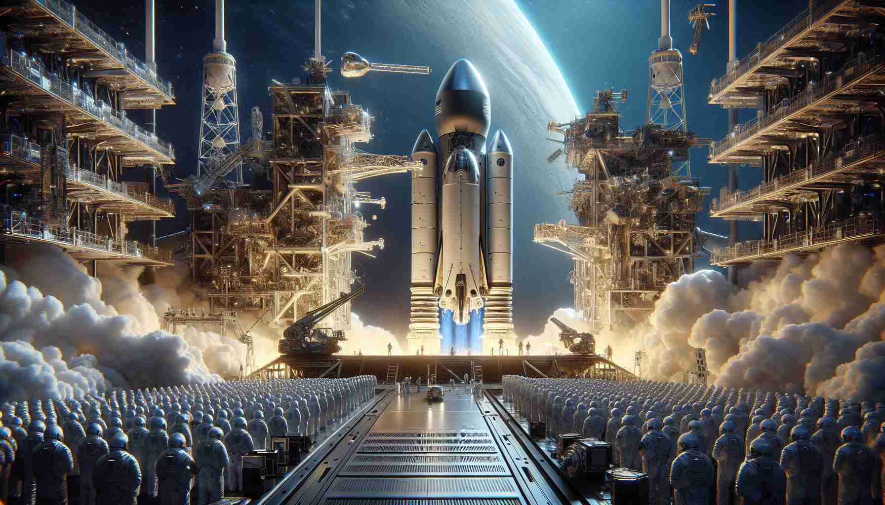 A highly detailed, lifelike image showcasing a landmark achievement in space exploration by a prominent private space corporation. The focus of the image is a cutting-edge spacecraft preparing to embark on a monumental mission. The scene captures the launch-pad bustling with activity, with human engineers and robotic machinery performing critical final checks. The sky above is a brilliant sapphire, signaling the start of a new era in space innovation. The spacecraft itself has sleek contours and is reflective, symbolizing the technological prowess of human advancement.