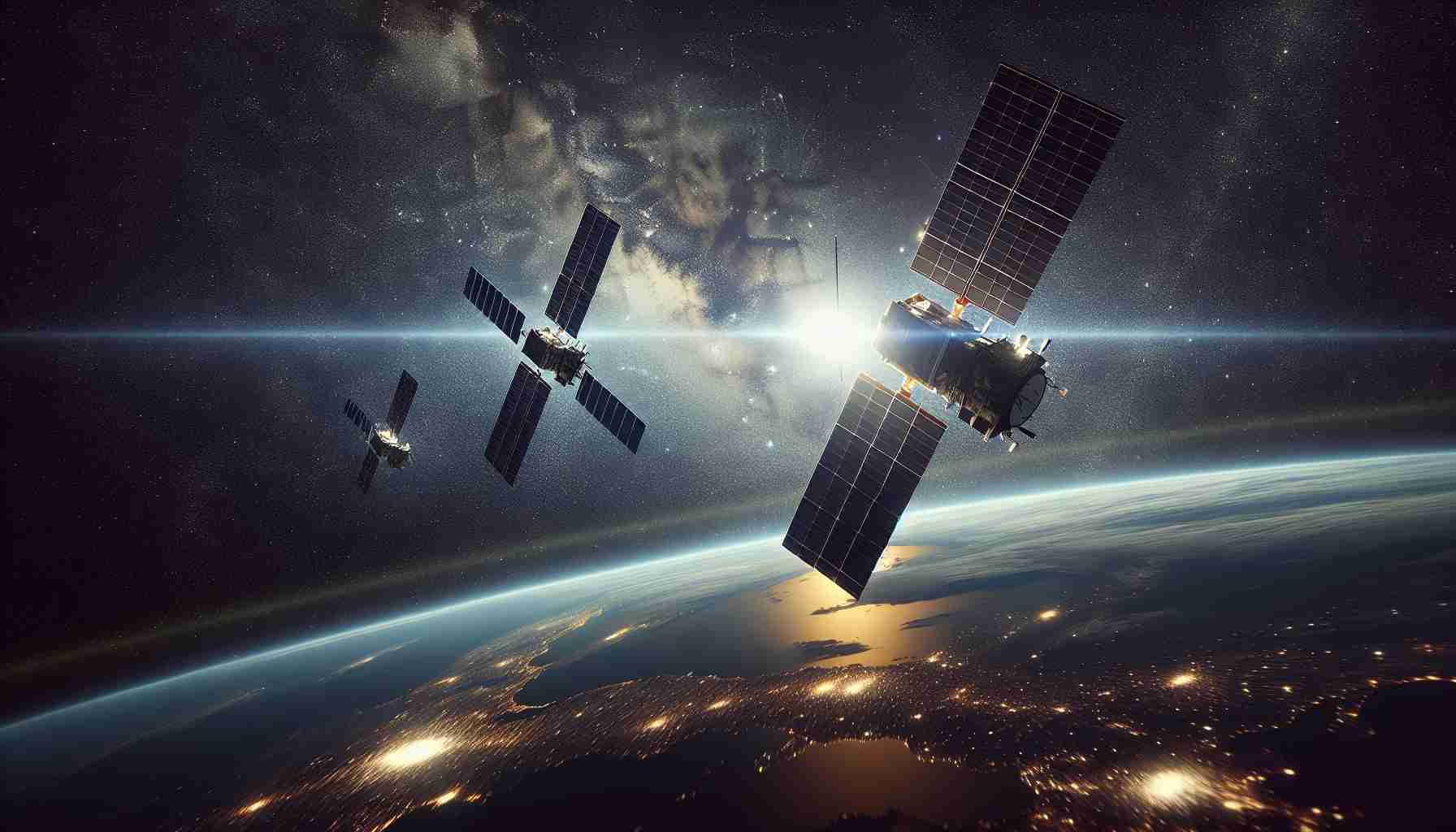 High-definition realistic image of newly launched Earth observation satellites by an anonymous space agency. These technologically advanced satellites are considered to be a game changer for space science, enhancing our understanding of the Earth and its processes. Visualize them soaring high in the dark expanse of space, silhouetted against the impressive backdrop of distant stars and galaxies.