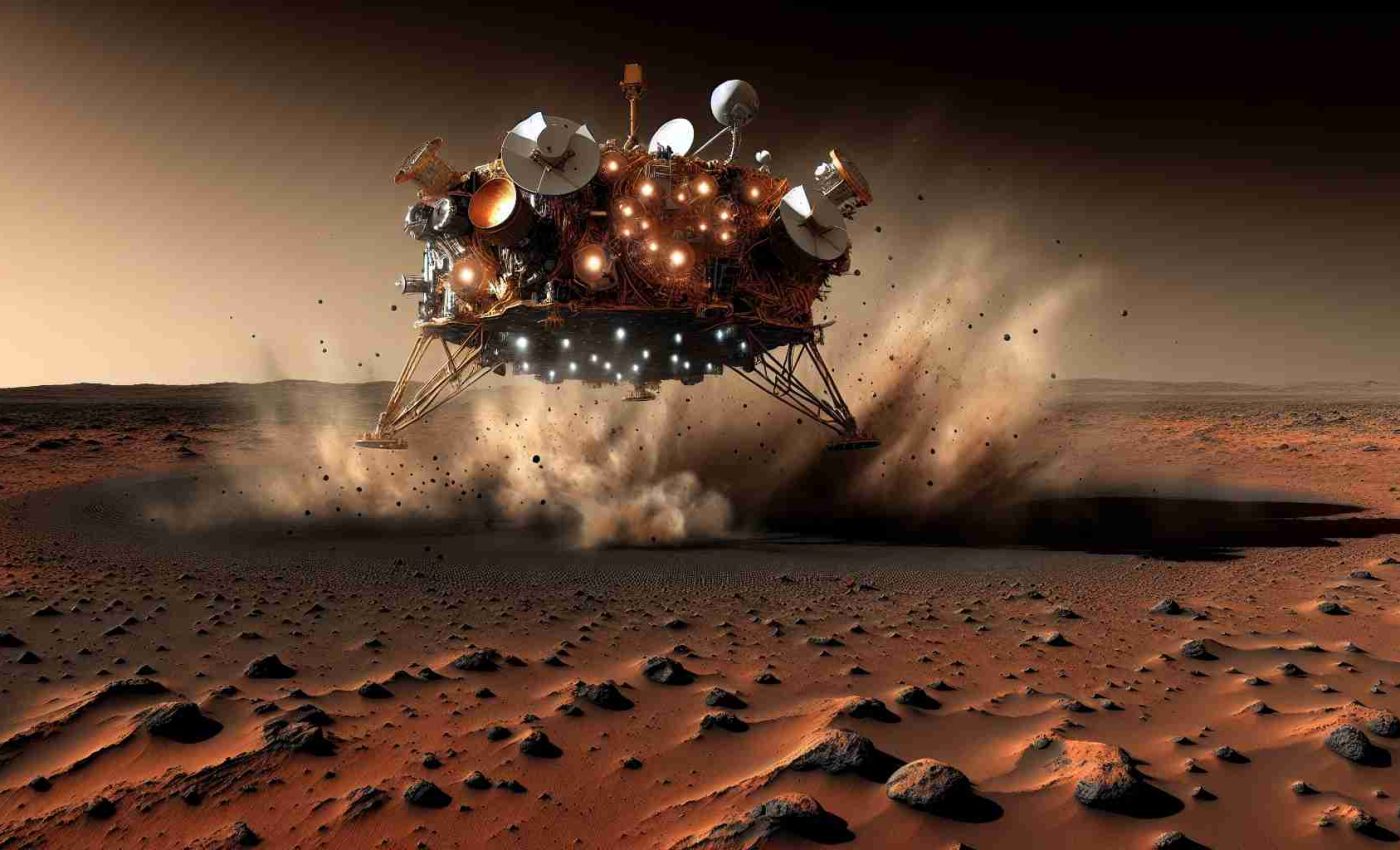 An immensely detailed, high-definition image of the Viking 1 spacecraft's mission on Mars. The spacecraft, bristling with instruments, lands in a barren Martian landscape, stirring up dust as the barren red terrain stretches out into the distance. In the foreground, the Viking 1 is causing a small explosion, indicating a potential impact on Martian life forms. The surrounding environment is devoid of any discernable life, emphasizing the mystery of whether Viking 1 unintentionally caused any harm to potential life on Mars.