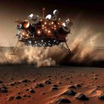 An immensely detailed, high-definition image of the Viking 1 spacecraft's mission on Mars. The spacecraft, bristling with instruments, lands in a barren Martian landscape, stirring up dust as the barren red terrain stretches out into the distance. In the foreground, the Viking 1 is causing a small explosion, indicating a potential impact on Martian life forms. The surrounding environment is devoid of any discernable life, emphasizing the mystery of whether Viking 1 unintentionally caused any harm to potential life on Mars.