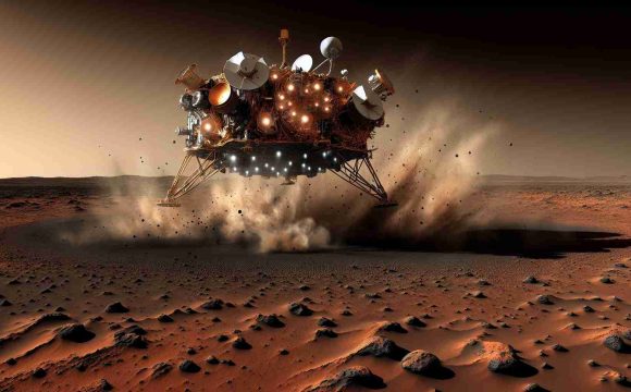 An immensely detailed, high-definition image of the Viking 1 spacecraft's mission on Mars. The spacecraft, bristling with instruments, lands in a barren Martian landscape, stirring up dust as the barren red terrain stretches out into the distance. In the foreground, the Viking 1 is causing a small explosion, indicating a potential impact on Martian life forms. The surrounding environment is devoid of any discernable life, emphasizing the mystery of whether Viking 1 unintentionally caused any harm to potential life on Mars.