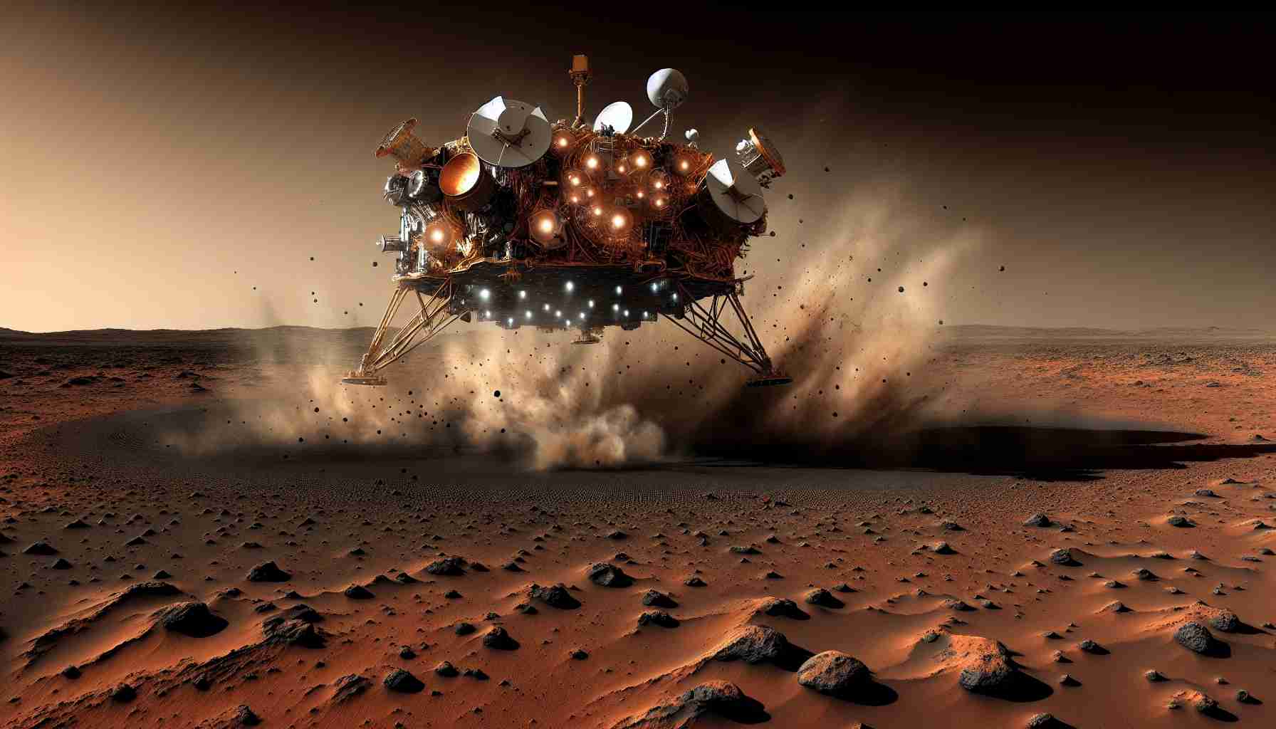 An immensely detailed, high-definition image of the Viking 1 spacecraft's mission on Mars. The spacecraft, bristling with instruments, lands in a barren Martian landscape, stirring up dust as the barren red terrain stretches out into the distance. In the foreground, the Viking 1 is causing a small explosion, indicating a potential impact on Martian life forms. The surrounding environment is devoid of any discernable life, emphasizing the mystery of whether Viking 1 unintentionally caused any harm to potential life on Mars.