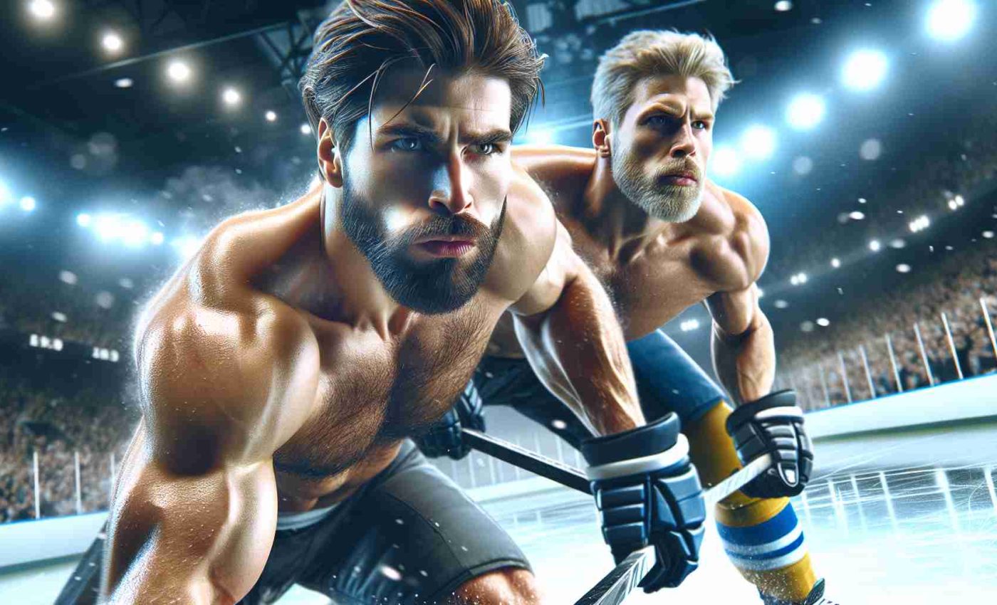 Generate a high-definition realistic image of two muscular ice hockey players in the heat of an exhilarating match. Player 1, with a thick beard and intense gaze, is launching an offensive move. Player 2, a broad-shouldered, clean-shaven man with a determined expression, prepares for a defensive play. The action takes place on a brightly lit hockey rink, the crowd in the background blurred by the speed and intensity of the showdown.