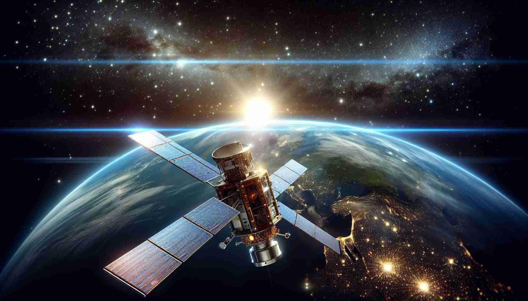 A high-definition and realistic representation of GSAT N2, the cutting-edge satellite symbolizing global connectivity. It's stationed in the limitless expanse of space, amidst twinkling stars and celestial bodies. This image is designed to offer a penetrating insight into the bright future of technological advancements in communication. Earth, resplendent and vibrant, is visible in the backdrop, shedding light on the essential significance of these feats in the grand scheme.