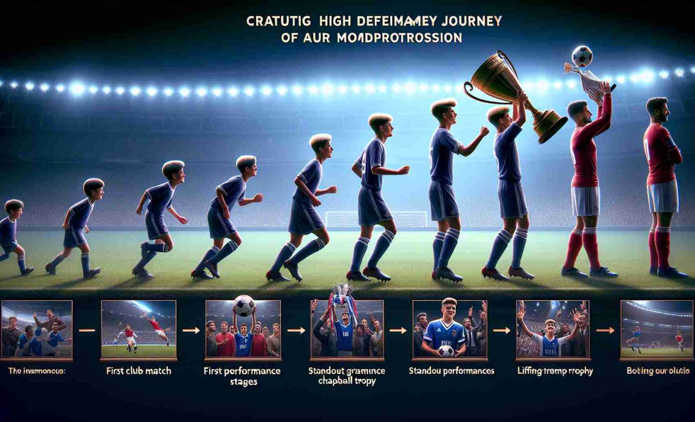 Create a realistic high definition journey timeline of an unnamed football player's meteoric progression: capturing early moments as a wonderkid, through their performance growth stages, to their ascension to being a recognized football star. Depict critical milestones like first club match, standout performances, lifting championship trophy that demonstrate the trajectory from rookie to superstar.