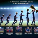 Create a realistic high definition journey timeline of an unnamed football player's meteoric progression: capturing early moments as a wonderkid, through their performance growth stages, to their ascension to being a recognized football star. Depict critical milestones like first club match, standout performances, lifting championship trophy that demonstrate the trajectory from rookie to superstar.