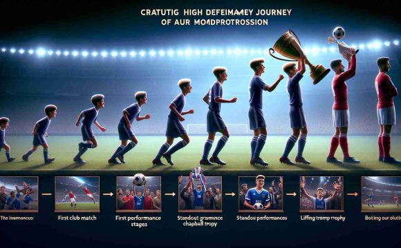 Create a realistic high definition journey timeline of an unnamed football player's meteoric progression: capturing early moments as a wonderkid, through their performance growth stages, to their ascension to being a recognized football star. Depict critical milestones like first club match, standout performances, lifting championship trophy that demonstrate the trajectory from rookie to superstar.