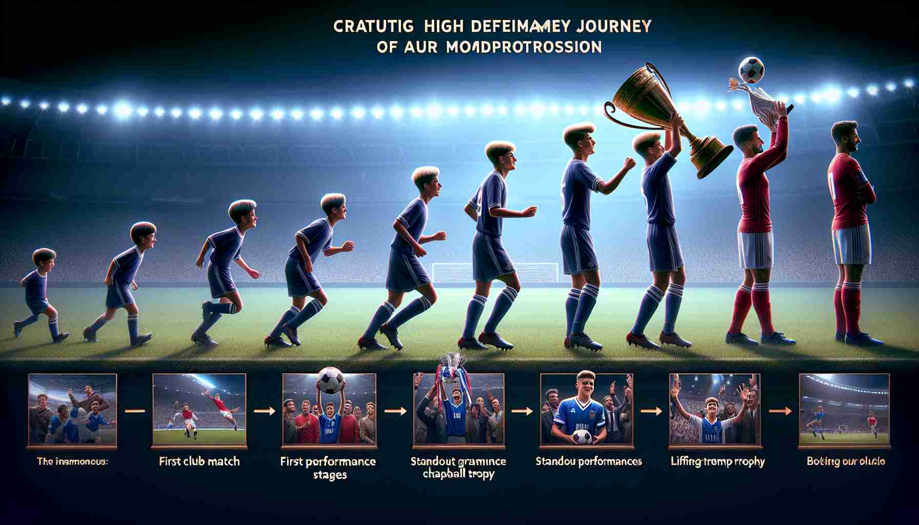 Create a realistic high definition journey timeline of an unnamed football player's meteoric progression: capturing early moments as a wonderkid, through their performance growth stages, to their ascension to being a recognized football star. Depict critical milestones like first club match, standout performances, lifting championship trophy that demonstrate the trajectory from rookie to superstar.