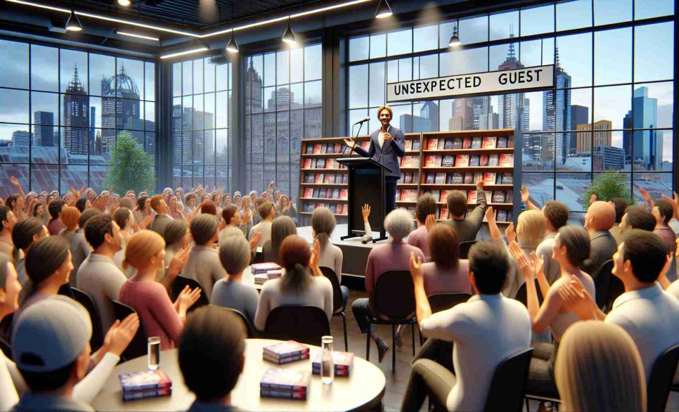 A high-definition, realistic image of an unexpected guest who becomes the centerpiece at a popular author's book event in Melbourne. This surprise guest, with an air of charm and charisma, is seen engaging enthusiastically with the audience, sparking laughter and applause. The event is in a well-lit venue with bookshelves in the background, the author's name in bold letters above the stage, and the cityscape of Melbourne through a large window. Note: The unexpected guest and the author should be non-identifiable individuals, illustrative of any gender and a range of descents.