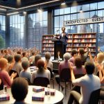 A high-definition, realistic image of an unexpected guest who becomes the centerpiece at a popular author's book event in Melbourne. This surprise guest, with an air of charm and charisma, is seen engaging enthusiastically with the audience, sparking laughter and applause. The event is in a well-lit venue with bookshelves in the background, the author's name in bold letters above the stage, and the cityscape of Melbourne through a large window. Note: The unexpected guest and the author should be non-identifiable individuals, illustrative of any gender and a range of descents.