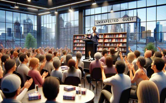 A high-definition, realistic image of an unexpected guest who becomes the centerpiece at a popular author's book event in Melbourne. This surprise guest, with an air of charm and charisma, is seen engaging enthusiastically with the audience, sparking laughter and applause. The event is in a well-lit venue with bookshelves in the background, the author's name in bold letters above the stage, and the cityscape of Melbourne through a large window. Note: The unexpected guest and the author should be non-identifiable individuals, illustrative of any gender and a range of descents.