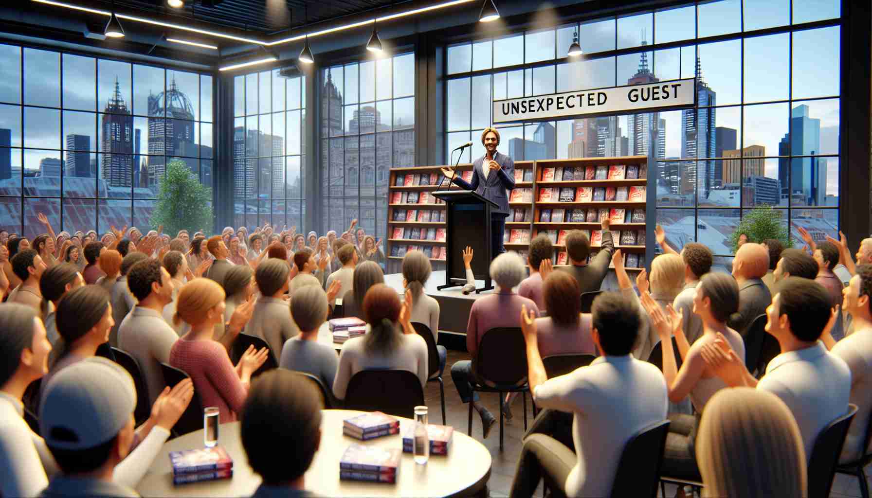 A high-definition, realistic image of an unexpected guest who becomes the centerpiece at a popular author's book event in Melbourne. This surprise guest, with an air of charm and charisma, is seen engaging enthusiastically with the audience, sparking laughter and applause. The event is in a well-lit venue with bookshelves in the background, the author's name in bold letters above the stage, and the cityscape of Melbourne through a large window. Note: The unexpected guest and the author should be non-identifiable individuals, illustrative of any gender and a range of descents.