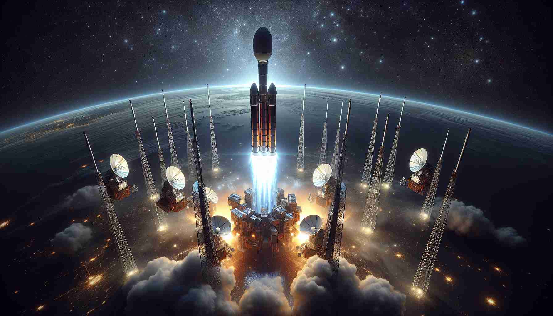 An HD, realistic rendering of a landmark event in space exploration. Twenty-four new satellites are being launched from the surface of the earth, heading towards the cosmos. This is the start of a revolution in internet access. The lustrous bodies of satellites shimmer under the glare of floodlights. The roar of the rockets is almost palpable, and the fiery plume beneath them gives a sense of fierce forward propulsion. The backdrop lit with myriad stars and the pitch blackness of space around them provides a stunning contrast to the bright spectacle of launch.