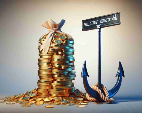 Realistic high-definition visualization of a metaphor where the promising wealth symbolized by a high pile of gold coins is being pulled down by a heavy anchor labeled 'Wall Street Expectations', as a representation of Nvidia's promising earnings getting weighed down by market expectations.