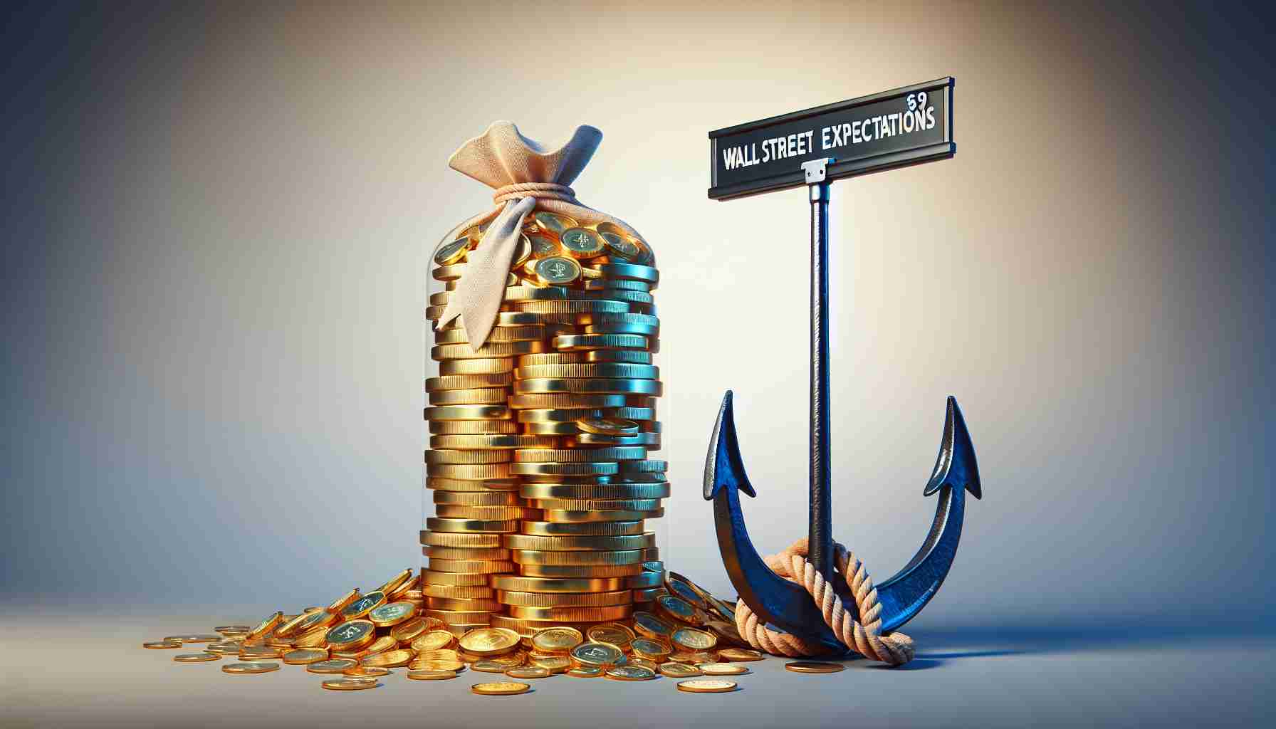 Realistic high-definition visualization of a metaphor where the promising wealth symbolized by a high pile of gold coins is being pulled down by a heavy anchor labeled 'Wall Street Expectations', as a representation of Nvidia's promising earnings getting weighed down by market expectations.