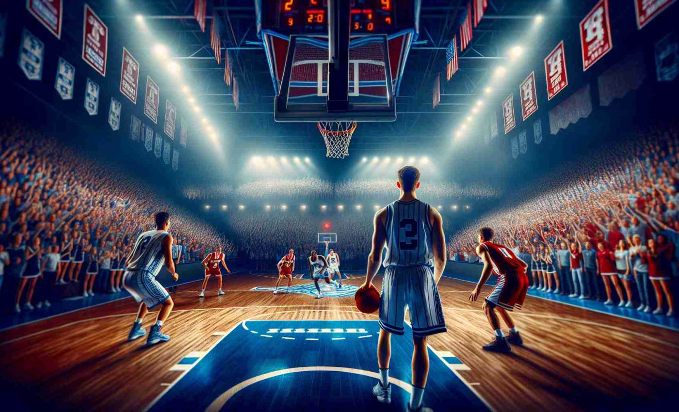 An HD image portraying an exciting sports event between two reputable collegiate teams, often known for their competitive rivalry. The atmosphere is suspenseful with fans filling the arena. The team members are engaged in competitive play, displaying a high level of skill and sportsmanship. The excitement and anticipation of the 'Showdown of the Season' are palpable in the air.