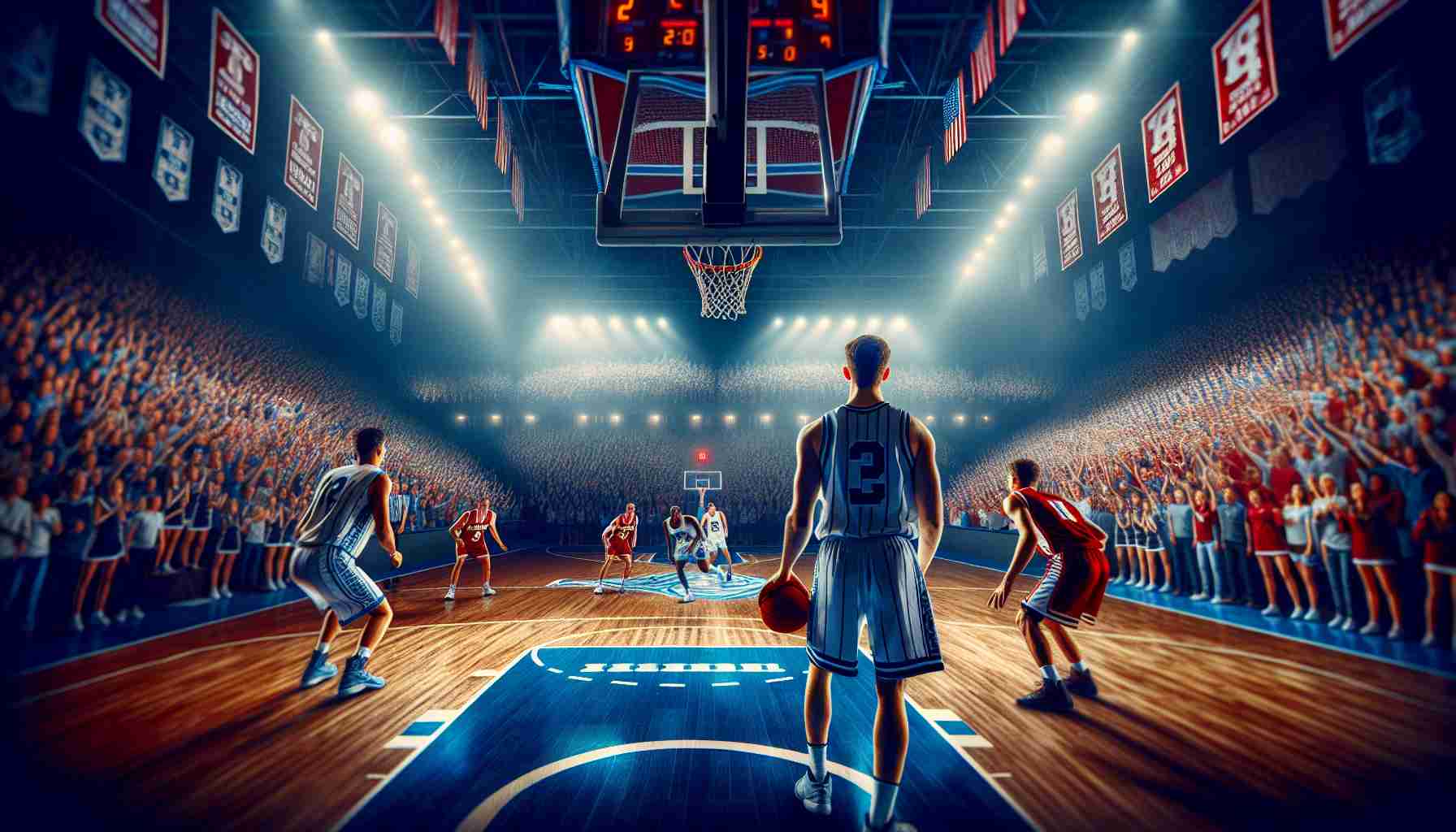 An HD image portraying an exciting sports event between two reputable collegiate teams, often known for their competitive rivalry. The atmosphere is suspenseful with fans filling the arena. The team members are engaged in competitive play, displaying a high level of skill and sportsmanship. The excitement and anticipation of the 'Showdown of the Season' are palpable in the air.